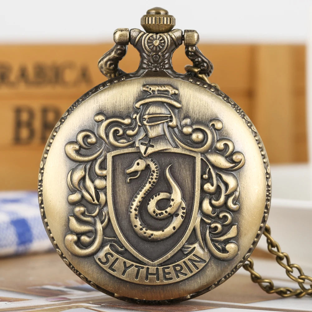 SLYTHERIN Snake Exquisite Creati Retro Bronze Design Pendant Quartz Pocket Watch with Necklace Chain Cartoon Gift Clock