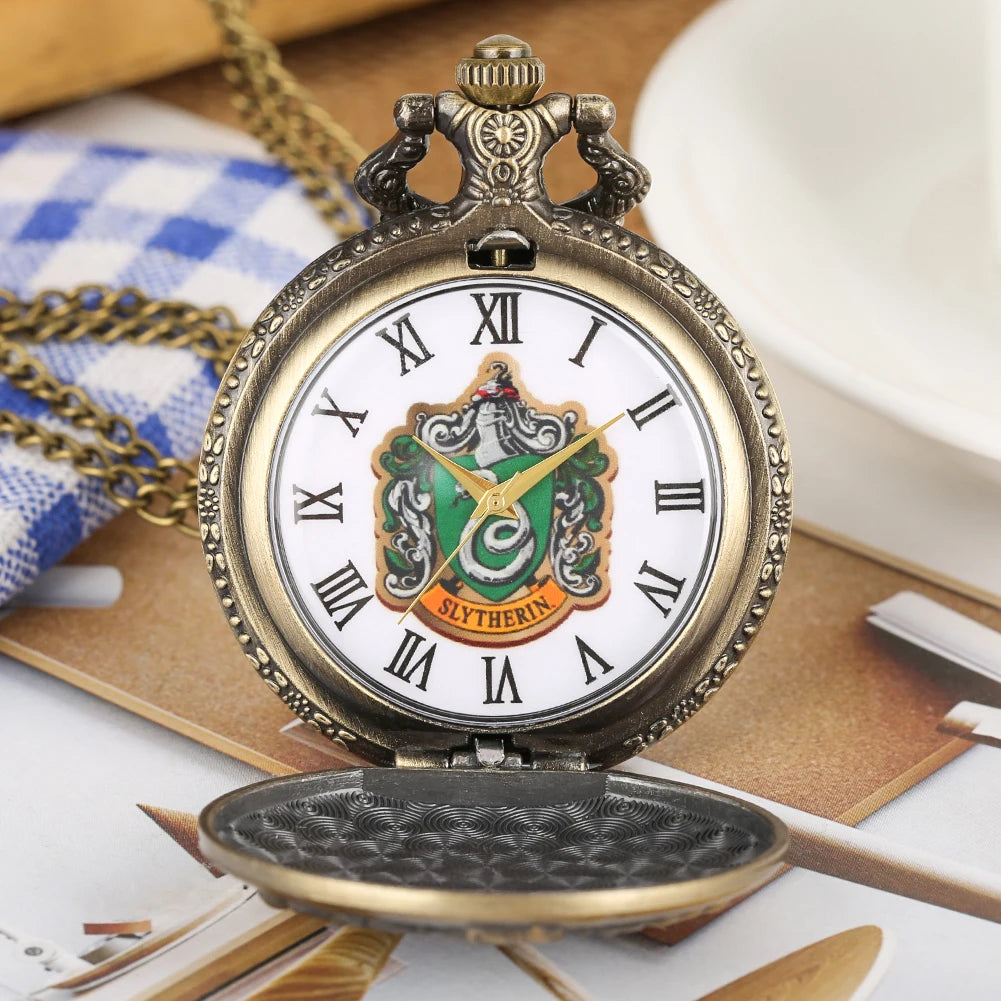 SLYTHERIN Snake Exquisite Creati Retro Bronze Design Pendant Quartz Pocket Watch with Necklace Chain Cartoon Gift Clock