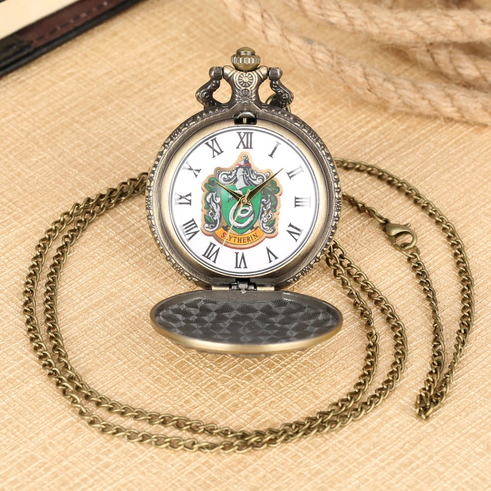 SLYTHERIN Snake Exquisite Creati Retro Bronze Design Pendant Quartz Pocket Watch with Necklace Chain Cartoon Gift Clock