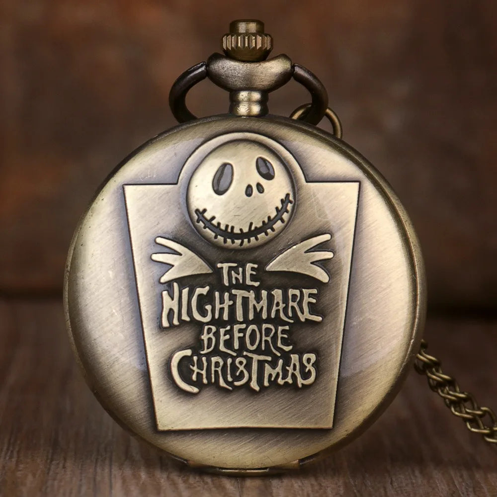 Vintage Bronze Cartoon Skull Chriatmas Quartz Pocket Watch With Necklace Movement Gift Pendant Clock For Mlae Kids Relogio Saati