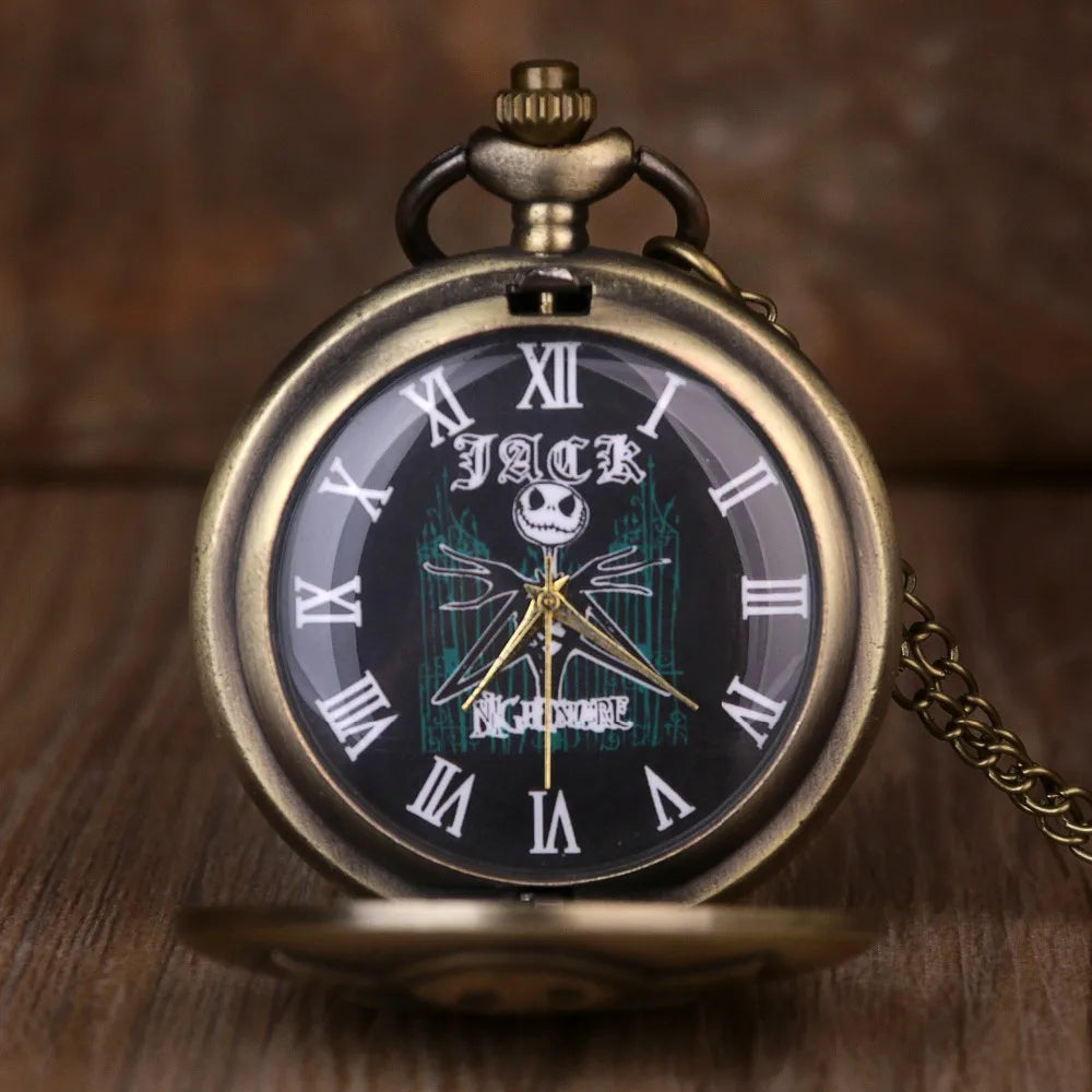 Vintage Bronze Cartoon Skull Chriatmas Quartz Pocket Watch With Necklace Movement Gift Pendant Clock For Mlae Kids Relogio Saati