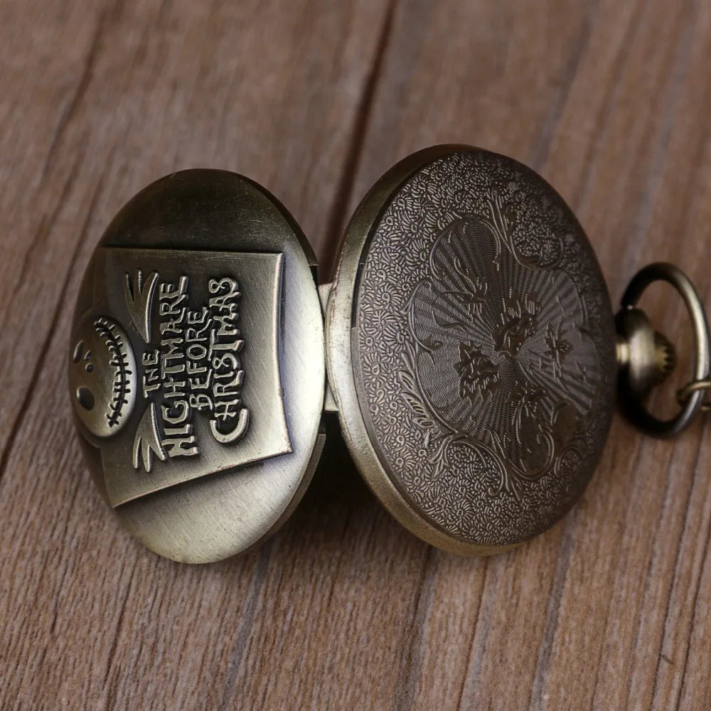 Vintage Bronze Cartoon Skull Chriatmas Quartz Pocket Watch With Necklace Movement Gift Pendant Clock For Mlae Kids Relogio Saati
