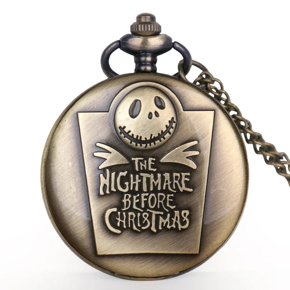 Vintage Bronze Cartoon Skull Chriatmas Quartz Pocket Watch With Necklace Movement Gift Pendant Clock For Mlae Kids Relogio Saati