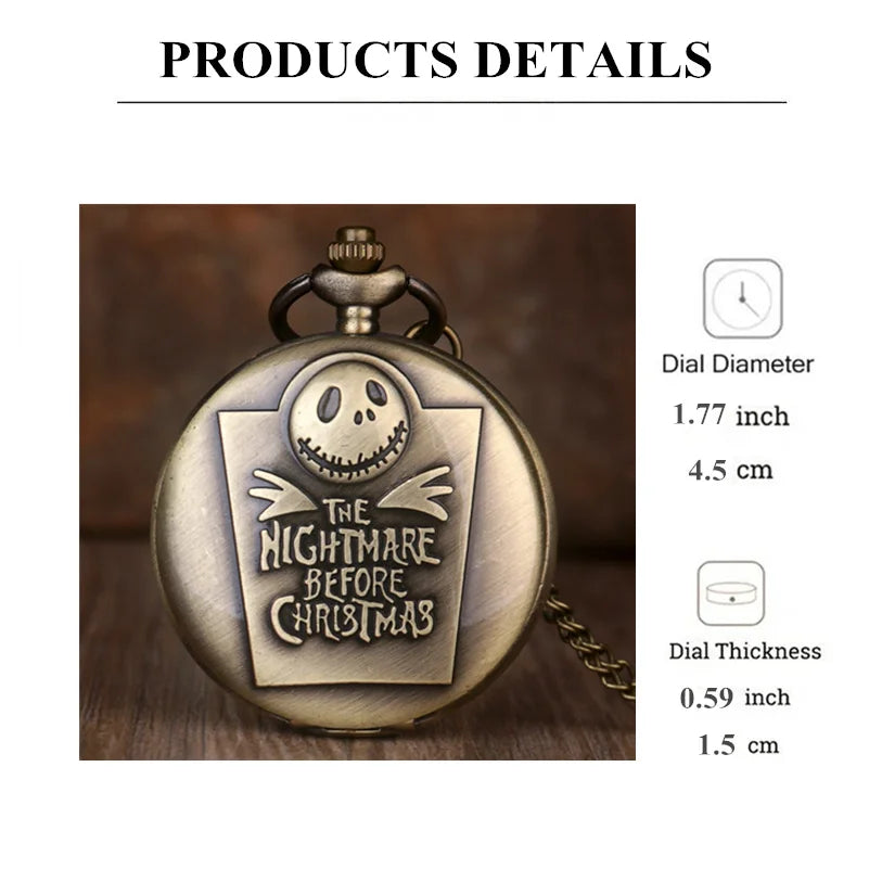 Vintage Bronze Cartoon Skull Chriatmas Quartz Pocket Watch With Necklace Movement Gift Pendant Clock For Mlae Kids Relogio Saati