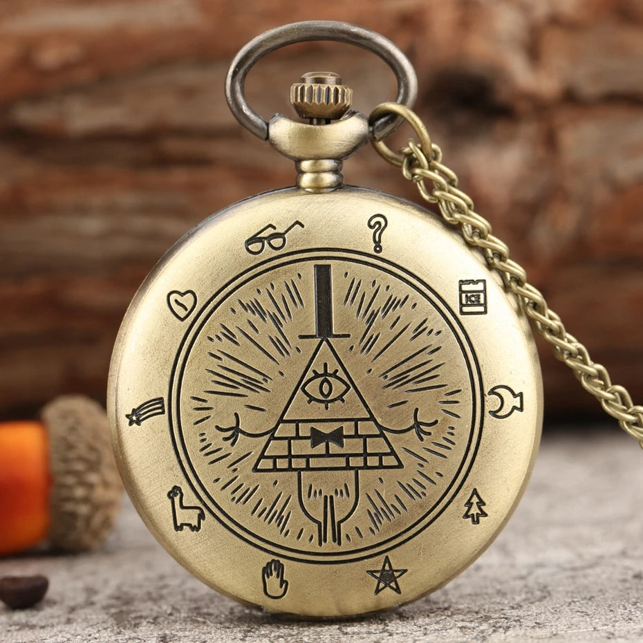 Retro Vintage Strange Town Triangle Devil's Eye Quartz Pocket Watch with Necklace Chain Pendant Gift for Male Men Retro Clock