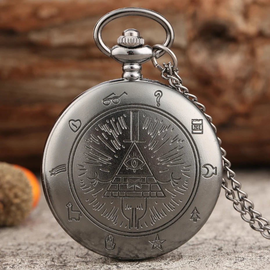 Retro Vintage Strange Town Triangle Devil's Eye Quartz Pocket Watch with Necklace Chain Pendant Gift for Male Men Retro Clock