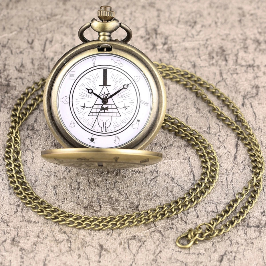 Retro Vintage Strange Town Triangle Devil's Eye Quartz Pocket Watch with Necklace Chain Pendant Gift for Male Men Retro Clock