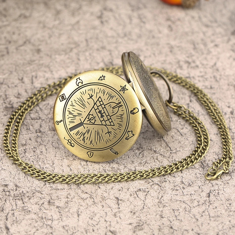 Retro Vintage Strange Town Triangle Devil's Eye Quartz Pocket Watch with Necklace Chain Pendant Gift for Male Men Retro Clock