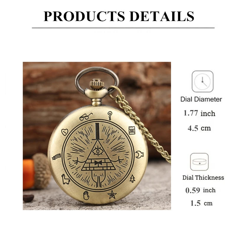 Retro Vintage Strange Town Triangle Devil's Eye Quartz Pocket Watch with Necklace Chain Pendant Gift for Male Men Retro Clock
