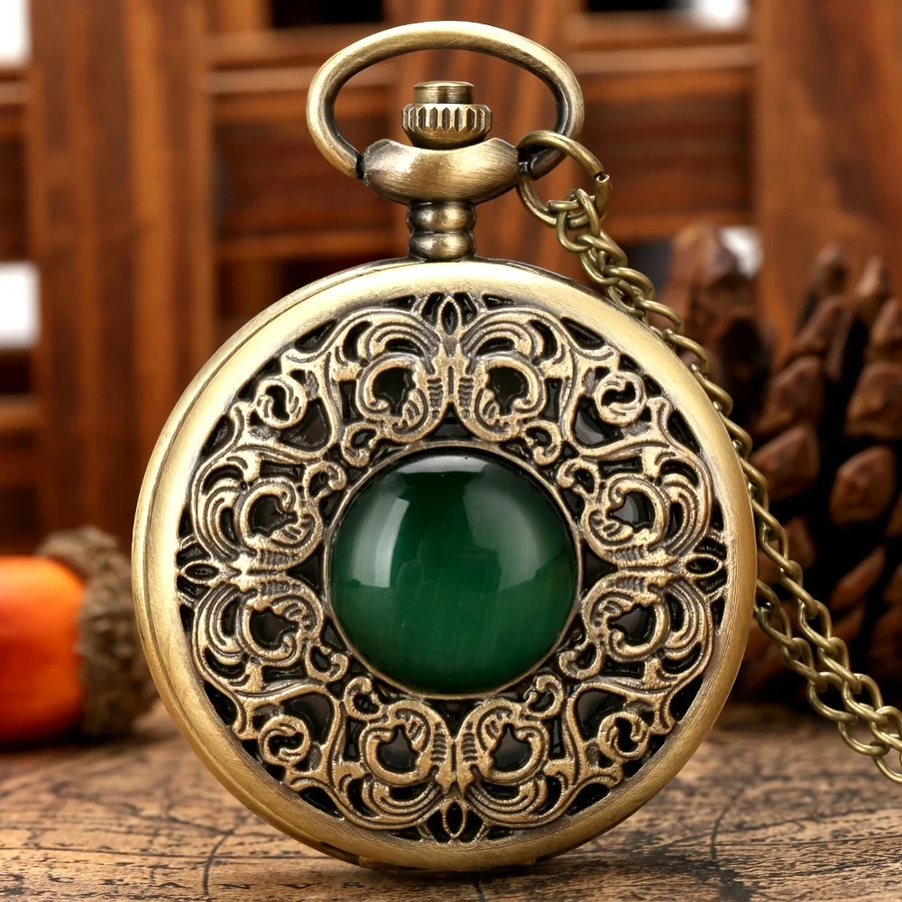 Fashion Pocket Watches Exquisite Emerald Stone Bronze Necklace Pendant Quartz Pocket Watch Gift Men Women Relogios with Chain