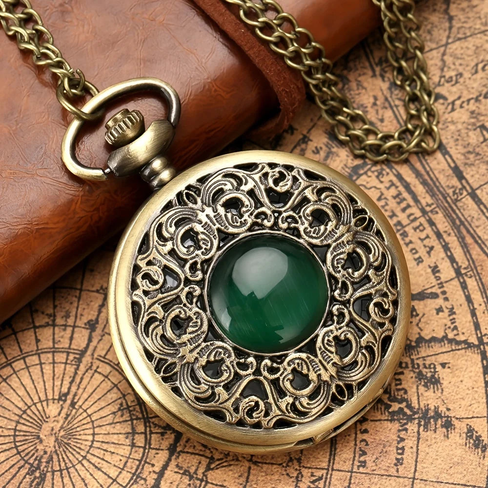 Fashion Pocket Watches Exquisite Emerald Stone Bronze Necklace Pendant Quartz Pocket Watch Gift Men Women Relogios with Chain