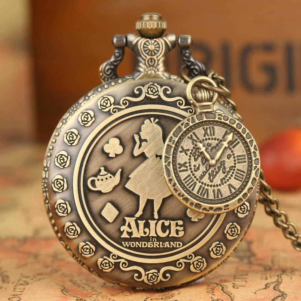Ladies Fashion Cartoon Girls Pocket Watch Retro Vintage Bronze Relogios with Necklace Chain Pendant Gift for Female Kids Clock