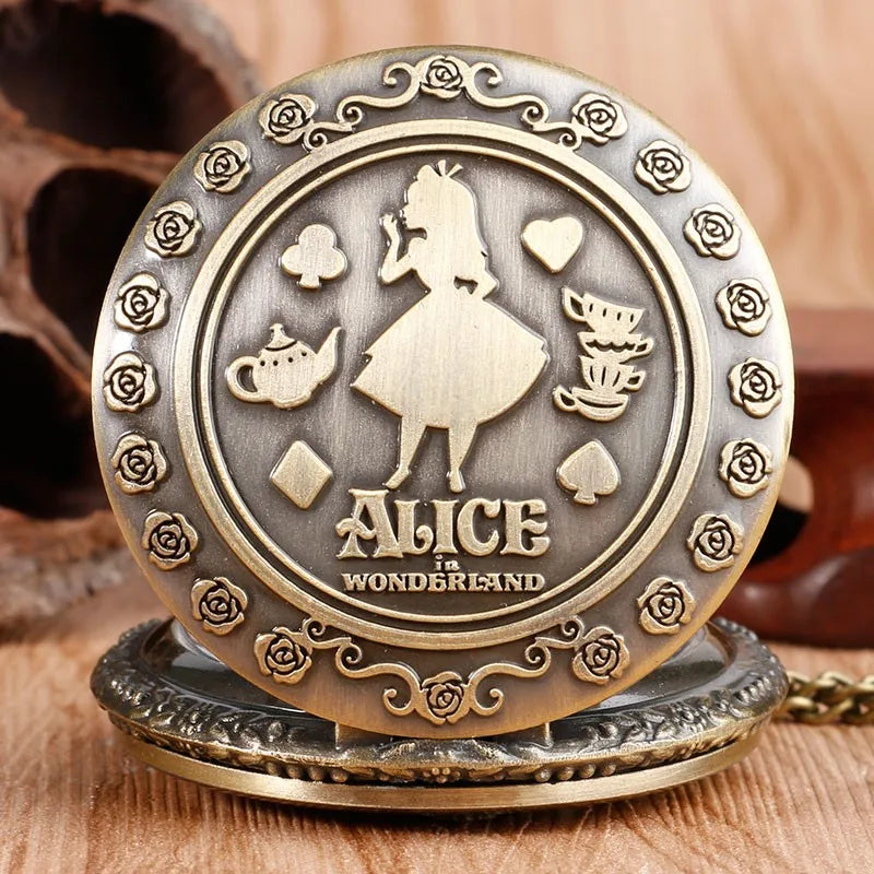 Ladies Fashion Cartoon Girls Pocket Watch Retro Vintage Bronze Relogios with Necklace Chain Pendant Gift for Female Kids Clock