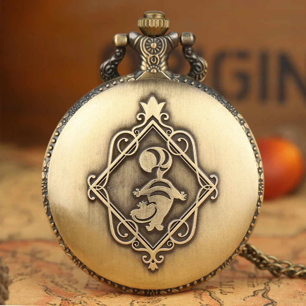 Ladies Fashion Cartoon Girls Pocket Watch Retro Vintage Bronze Relogios with Necklace Chain Pendant Gift for Female Kids Clock