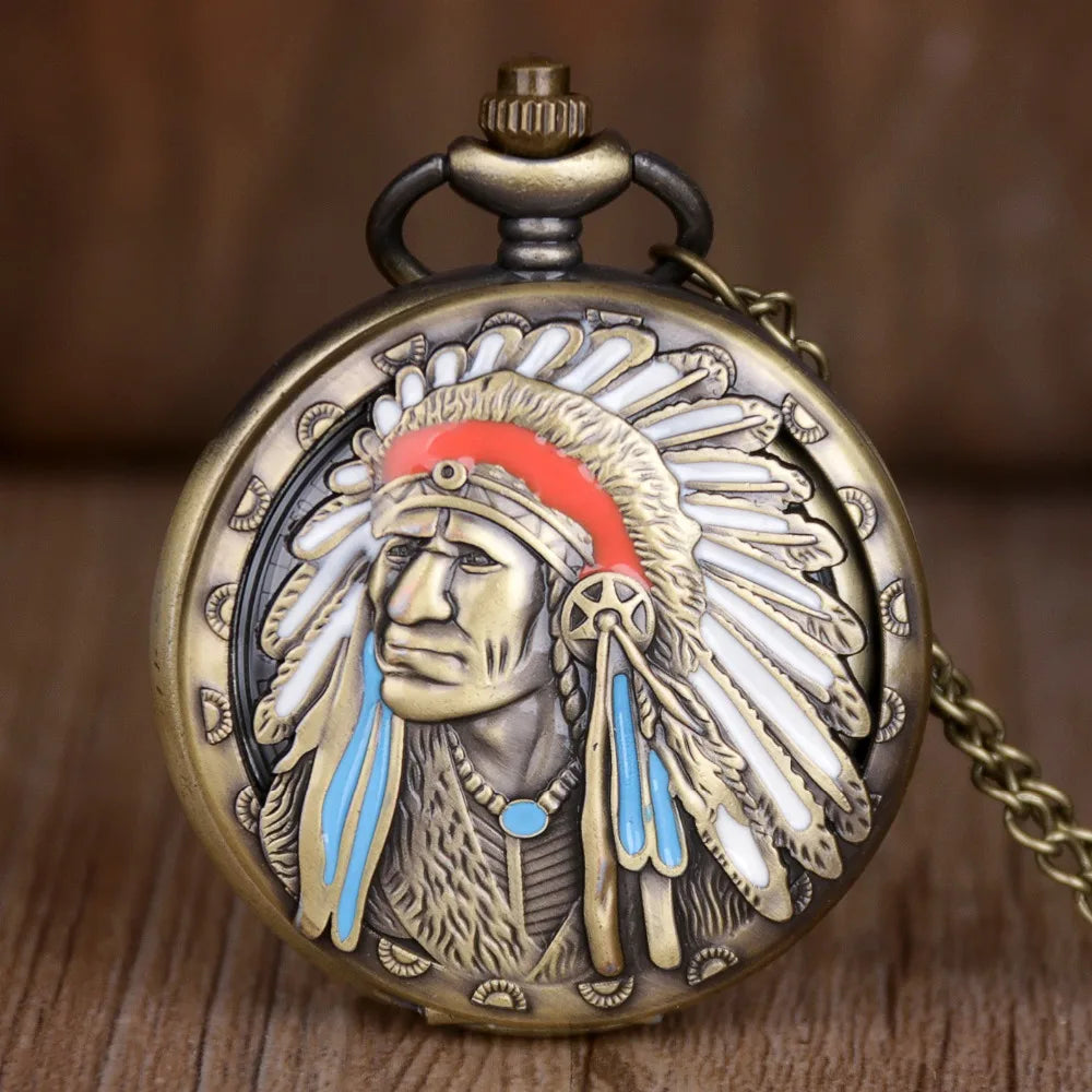 US Factor POCKETWATCH Vintage Bronze Tribal Chief Necklace Pendant Quartz Pocket Watches Clock Gift for Men and Women