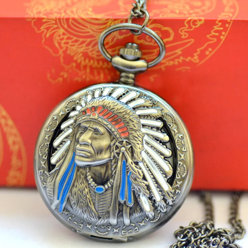 US Factor POCKETWATCH Vintage Bronze Tribal Chief Necklace Pendant Quartz Pocket Watches Clock Gift for Men and Women