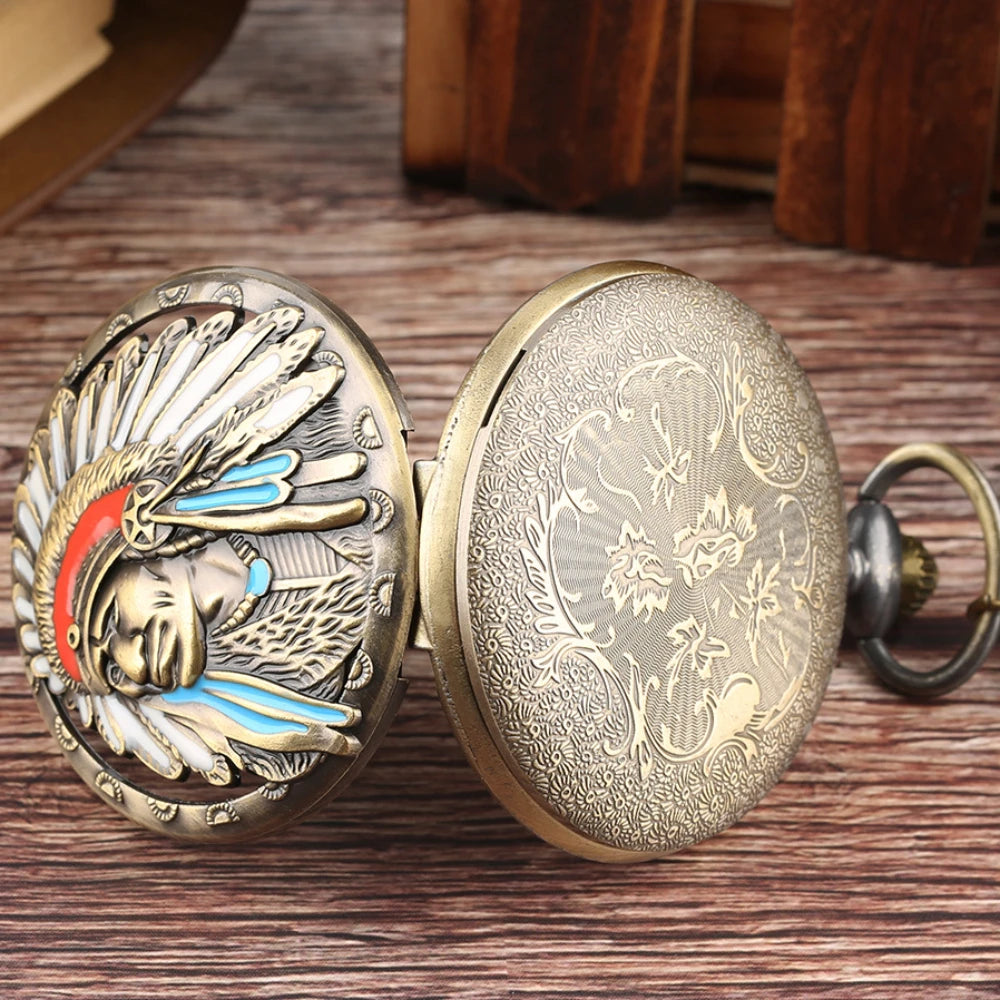 US Factor POCKETWATCH Vintage Bronze Tribal Chief Necklace Pendant Quartz Pocket Watches Clock Gift for Men and Women