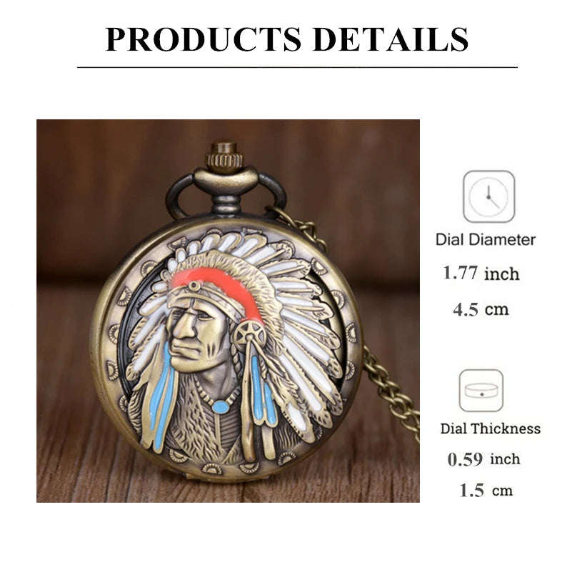 US Factor POCKETWATCH Vintage Bronze Tribal Chief Necklace Pendant Quartz Pocket Watches Clock Gift for Men and Women