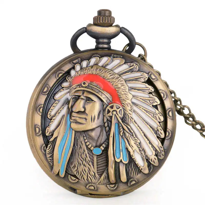 US Factor POCKETWATCH Vintage Bronze Tribal Chief Necklace Pendant Quartz Pocket Watches Clock Gift for Men and Women