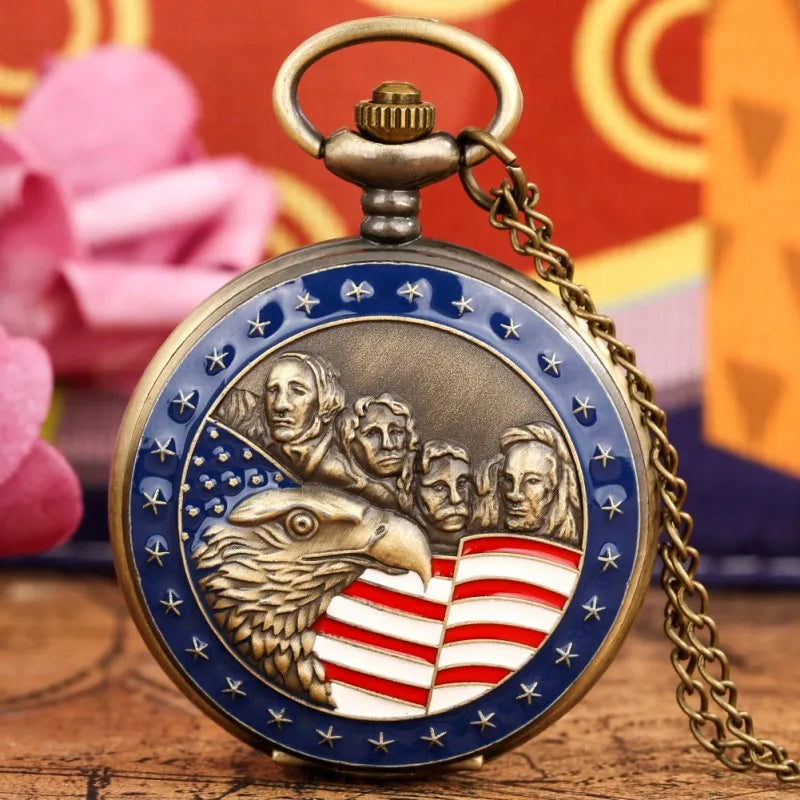 Retro Bronze Pocket Watch Vintage United States of America Necklace Pendant Best Collectibles Gift for Men Watches