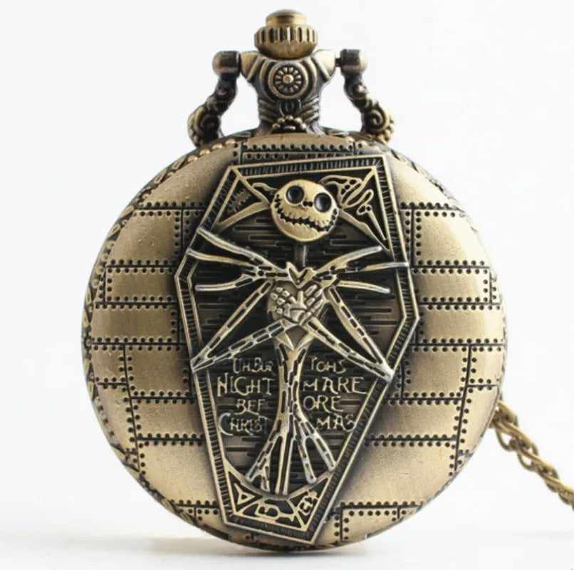 Vintage Bronze Cartoon Skull Design Quartz Pocket Watch With Necklace Movement Gift Pendant Clock For Mlae Kids Relogio Saati