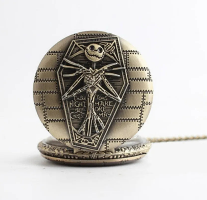 Vintage Bronze Cartoon Skull Design Quartz Pocket Watch With Necklace Movement Gift Pendant Clock For Mlae Kids Relogio Saati