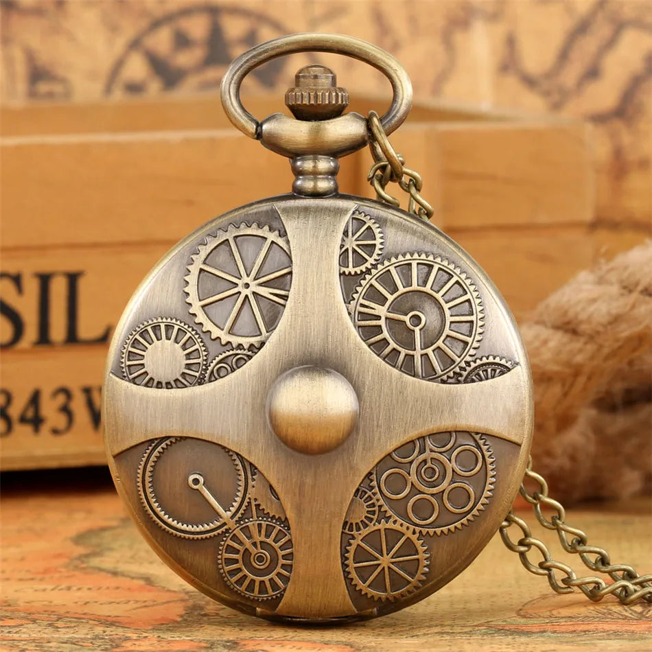 Vintage Bronze Cross Gear Design Quartz Pocket Watch With Necklace Movement Gift Pendant Clock For Mlae Kids Relogio Saati