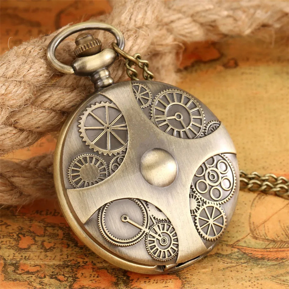 Vintage Bronze Cross Gear Design Quartz Pocket Watch With Necklace Movement Gift Pendant Clock For Mlae Kids Relogio Saati