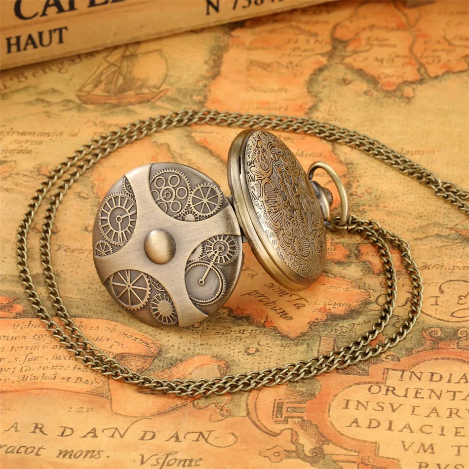 Vintage Bronze Cross Gear Design Quartz Pocket Watch With Necklace Movement Gift Pendant Clock For Mlae Kids Relogio Saati