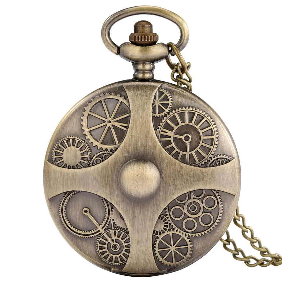 Vintage Bronze Cross Gear Design Quartz Pocket Watch With Necklace Movement Gift Pendant Clock For Mlae Kids Relogio Saati