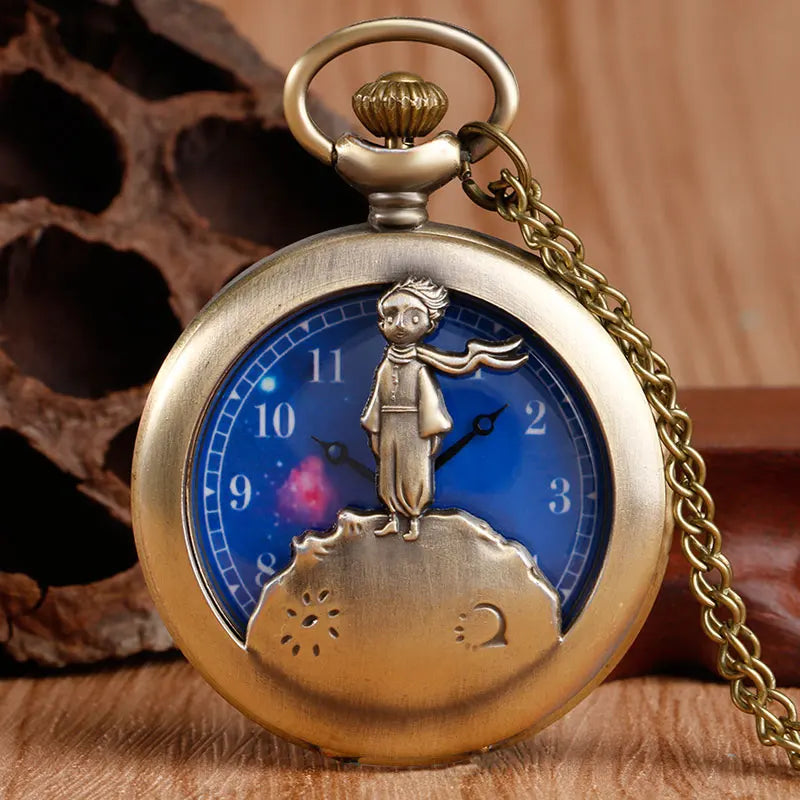 Vintage Bronze Hollow Design Little Prince Necklace Pendant Pocket Watch Gift Clock for Mlae Kids Relogio Saati Blue Dial Reloj