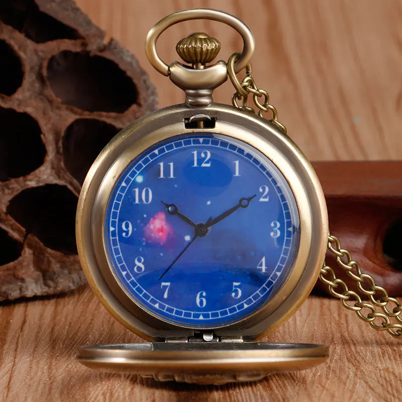 Vintage Bronze Hollow Design Little Prince Necklace Pendant Pocket Watch Gift Clock for Mlae Kids Relogio Saati Blue Dial Reloj