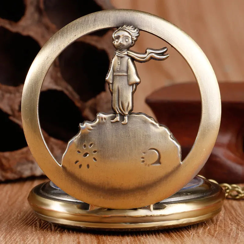 Vintage Bronze Hollow Design Little Prince Necklace Pendant Pocket Watch Gift Clock for Mlae Kids Relogio Saati Blue Dial Reloj