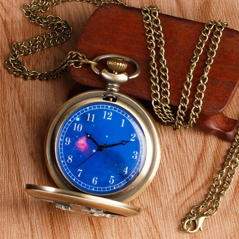 Vintage Bronze Hollow Design Little Prince Necklace Pendant Pocket Watch Gift Clock for Mlae Kids Relogio Saati Blue Dial Reloj