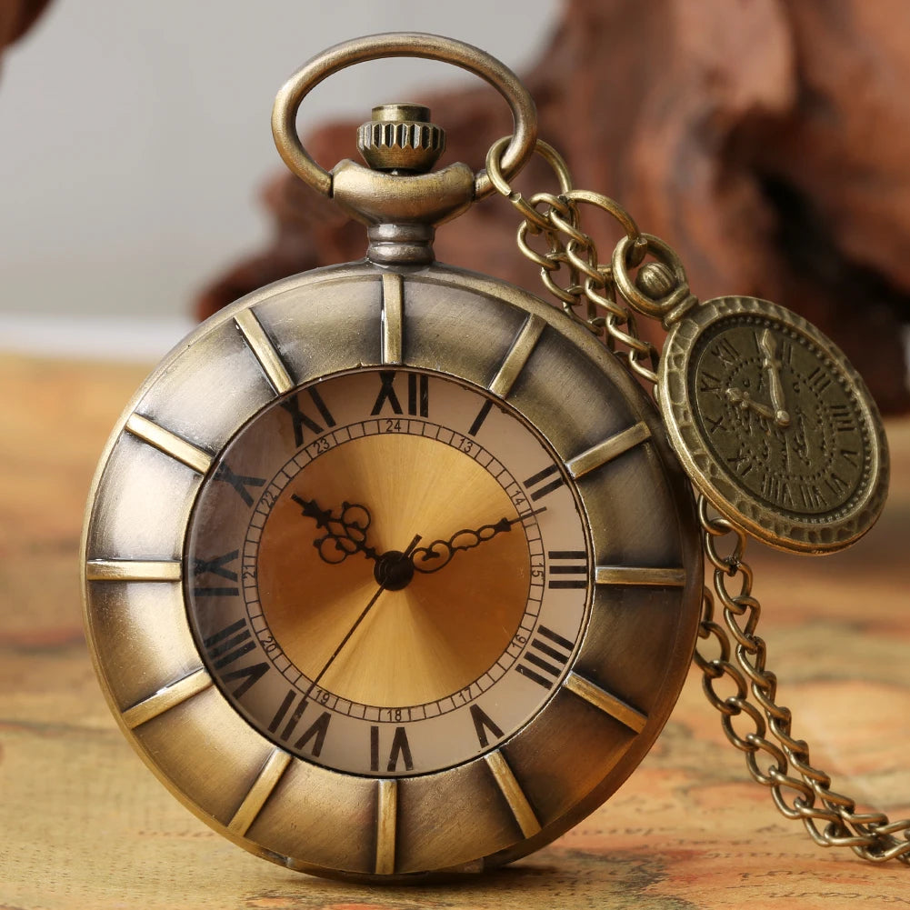 Vintage Bronze Roman Numeral Marker Quartz Pocket Watch With Necklace Movement Gift Pendant Clock For Mlae Kids Relogio Saati