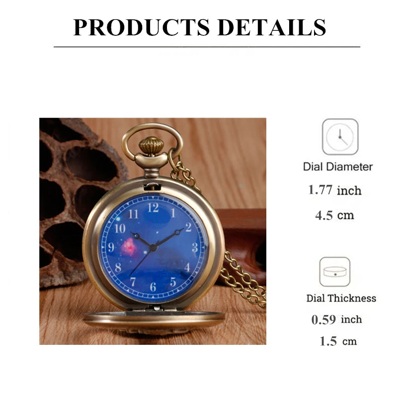 Vintage Bronze Hollow Design Little Prince Necklace Pendant Pocket Watch Gift Clock for Mlae Kids Relogio Saati Blue Dial Reloj