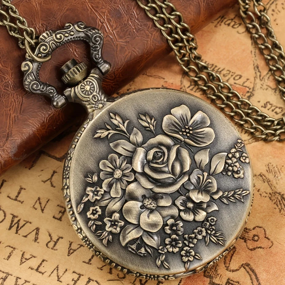 Elegant Bronze Bloom Rose Flower Petal Pendant With Necklace Chain Pocket Wtch for Male Women Chronograph Hombre Relojes