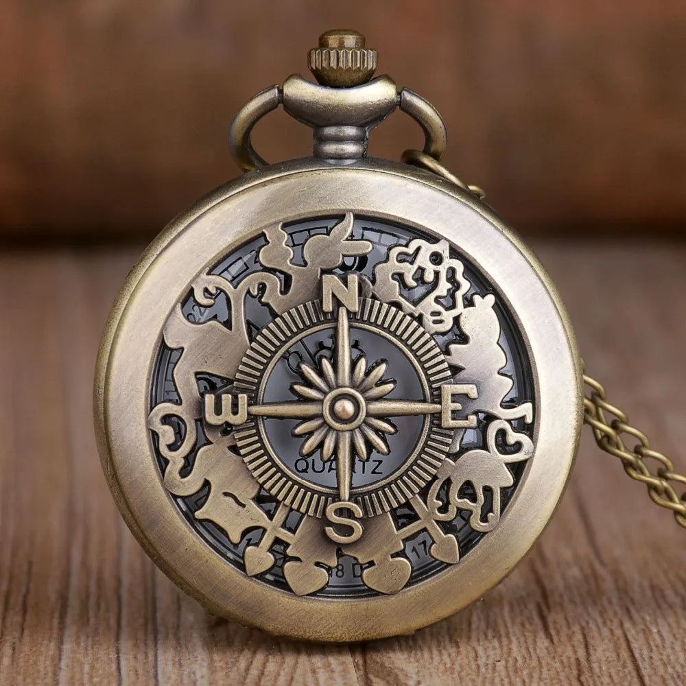 Retro Bronze Skeleton Compass Design Quartz Pocket Watch with Necklace Chain Pendant Gift for Male Female Kids  Clock