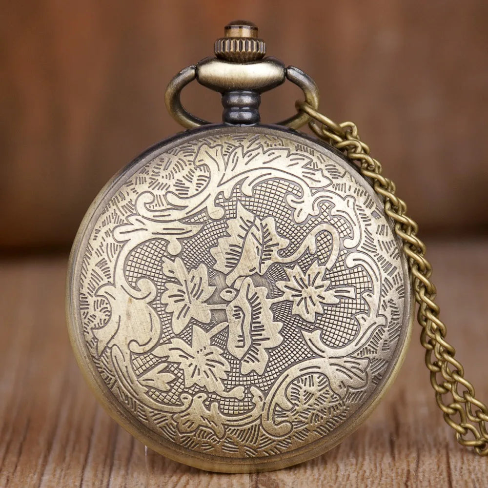 Retro Bronze Skeleton Compass Design Quartz Pocket Watch with Necklace Chain Pendant Gift for Male Female Kids  Clock