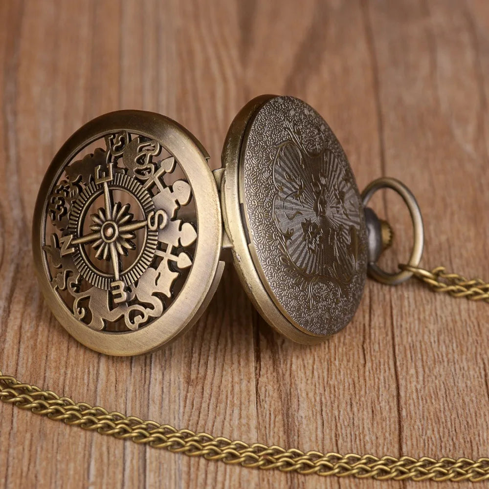 Retro Bronze Skeleton Compass Design Quartz Pocket Watch with Necklace Chain Pendant Gift for Male Female Kids  Clock