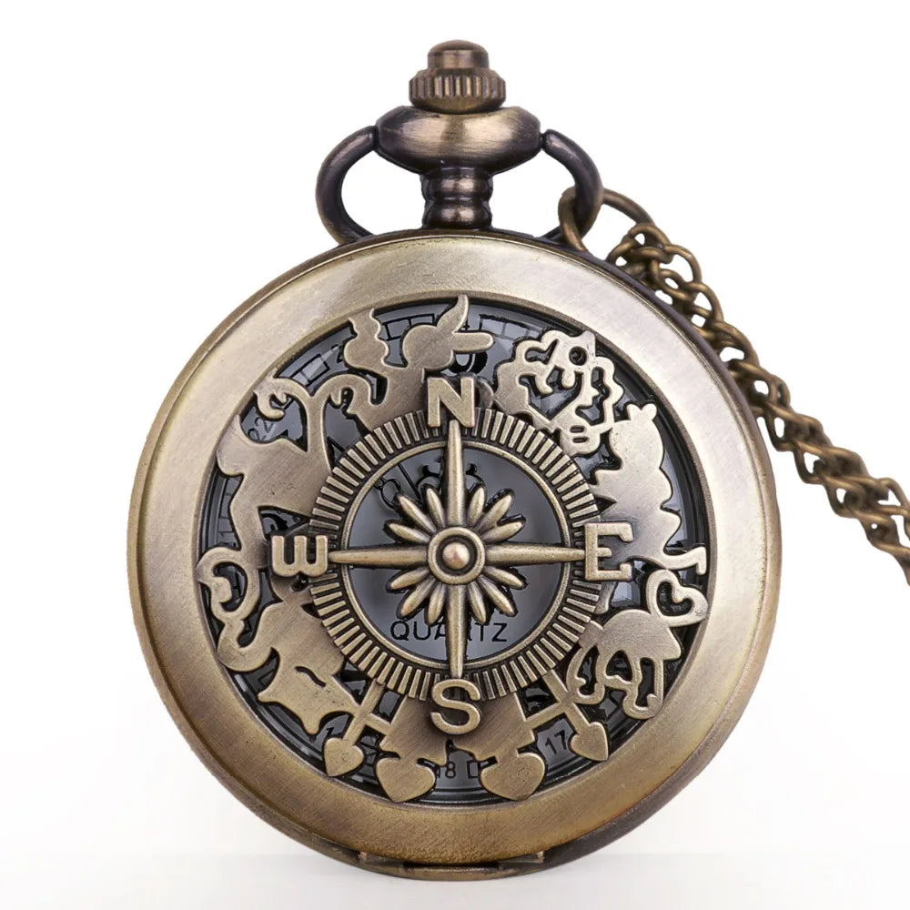 Retro Bronze Skeleton Compass Design Quartz Pocket Watch with Necklace Chain Pendant Gift for Male Female Kids  Clock