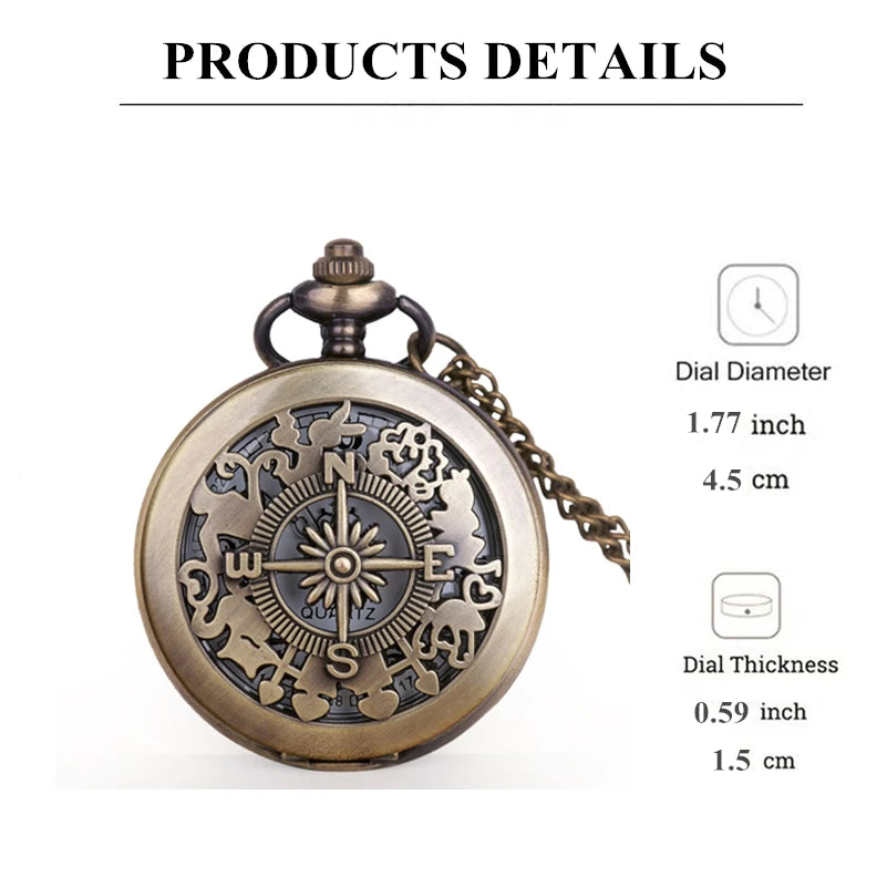 Retro Bronze Skeleton Compass Design Quartz Pocket Watch with Necklace Chain Pendant Gift for Male Female Kids  Clock