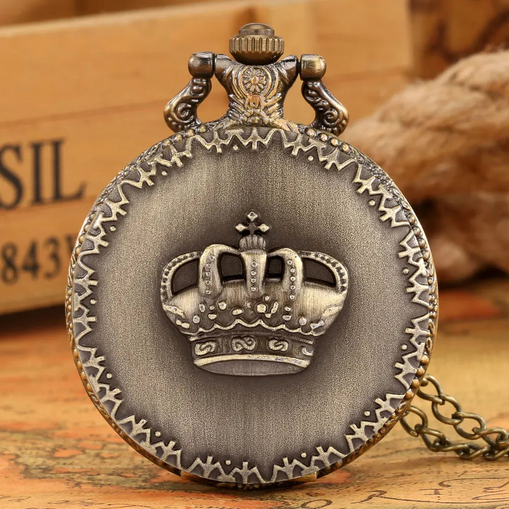 Retro Bronze Royal Embossed Crown Pattern Design Necklace Pendant Quartz Pocket Watch Gift Clock For Mlae Kids Relogio Saati