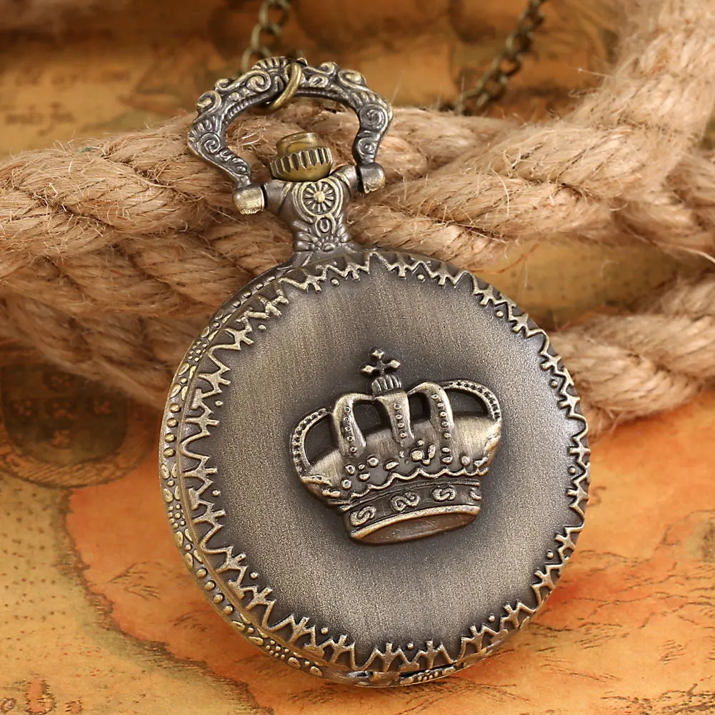 Retro Bronze Royal Embossed Crown Pattern Design Necklace Pendant Quartz Pocket Watch Gift Clock For Mlae Kids Relogio Saati