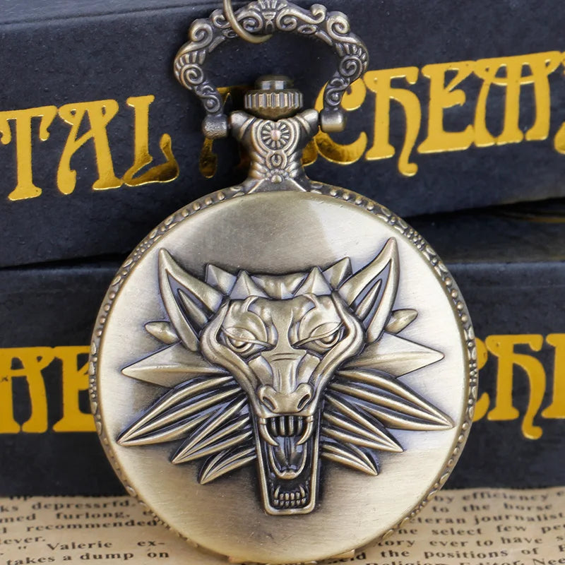 Vintage Brozne Woif Quartz Pocket Watch With Necklace  Pendant Clock Gift For Mlae Kids Relogio Saati