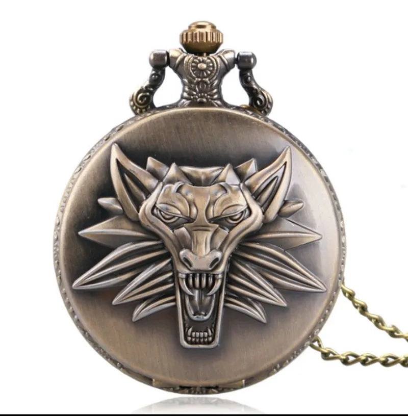 Vintage Brozne Woif Quartz Pocket Watch With Necklace  Pendant Clock Gift For Mlae Kids Relogio Saati