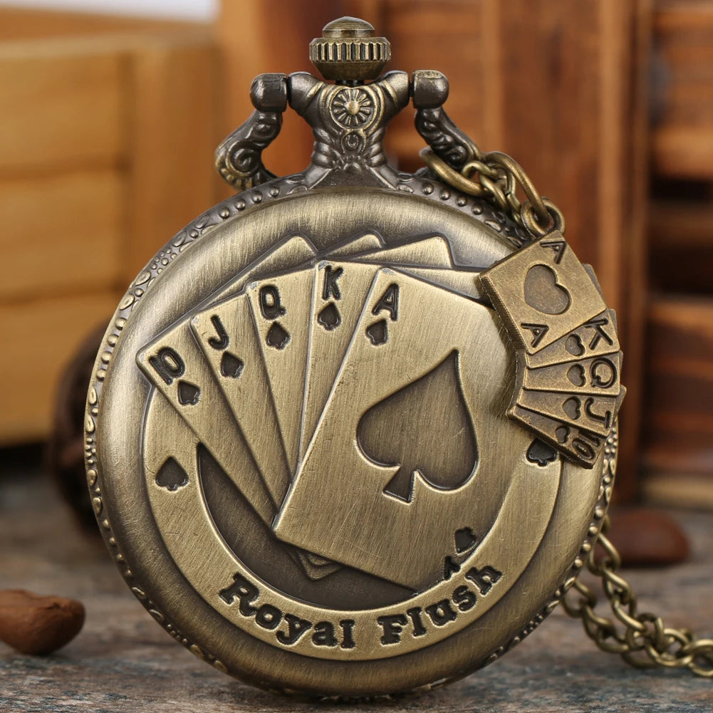 Stylish Vintage Bronze Playing Card Necklace Pocket Watch Pendant Clock Gift For Mlae Kids Relogio Saati