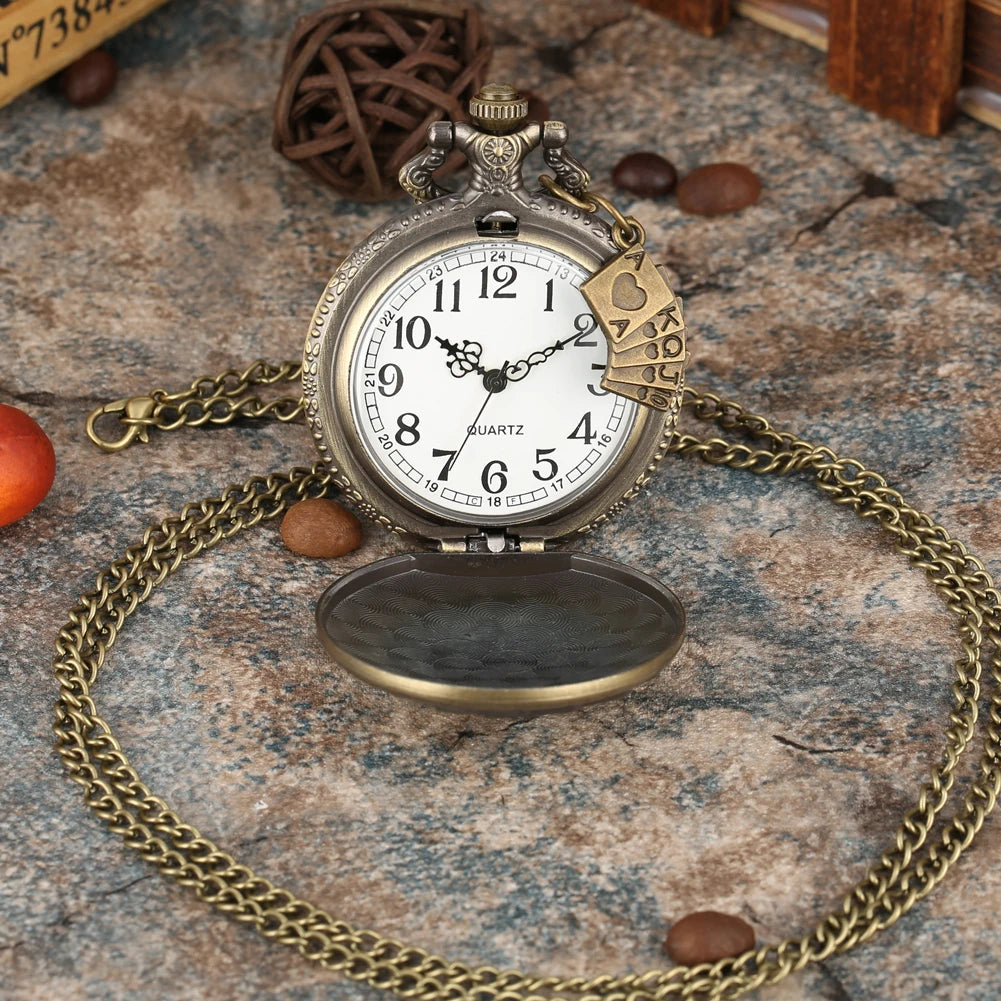 Stylish Vintage Bronze Playing Card Necklace Pocket Watch Pendant Clock Gift For Mlae Kids Relogio Saati