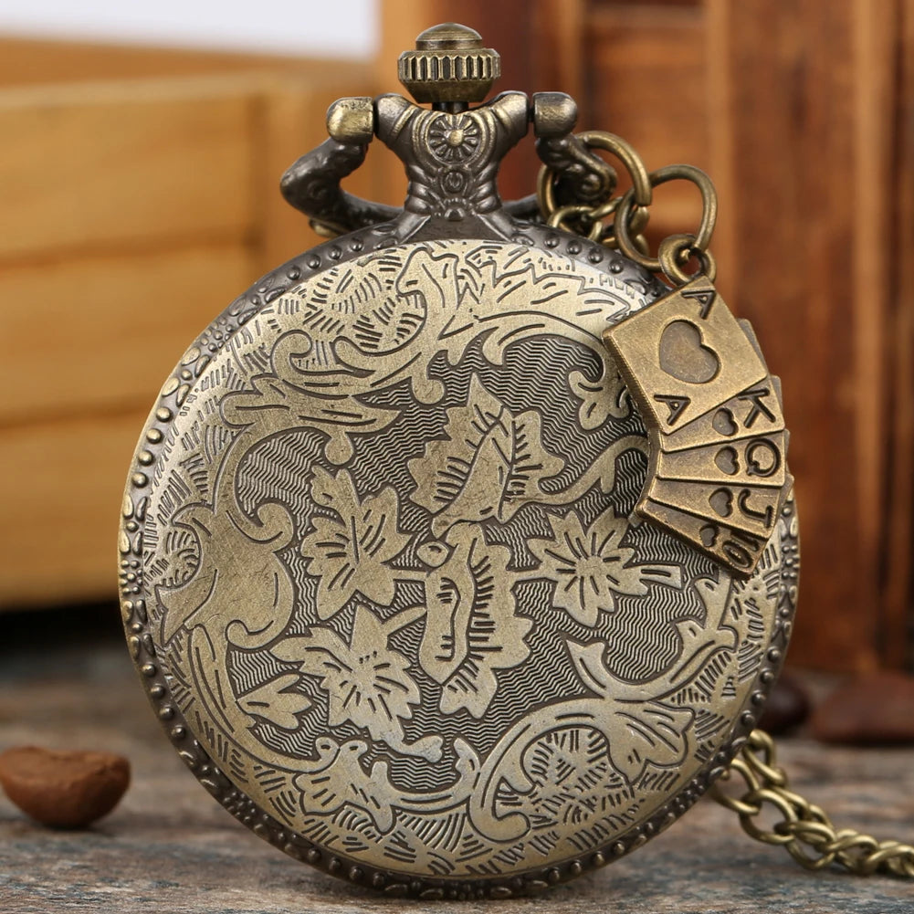 Stylish Vintage Bronze Playing Card Necklace Pocket Watch Pendant Clock Gift For Mlae Kids Relogio Saati