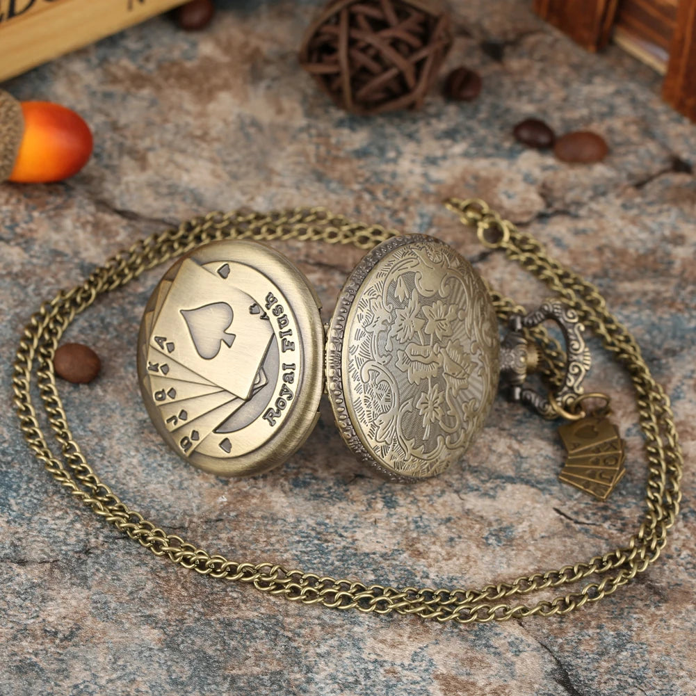 Stylish Vintage Bronze Playing Card Necklace Pocket Watch Pendant Clock Gift For Mlae Kids Relogio Saati